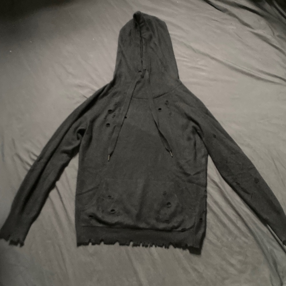 Aqua 100% Cashmere Black Distressed Hooded Sweater Raw Edge Black Size Medium